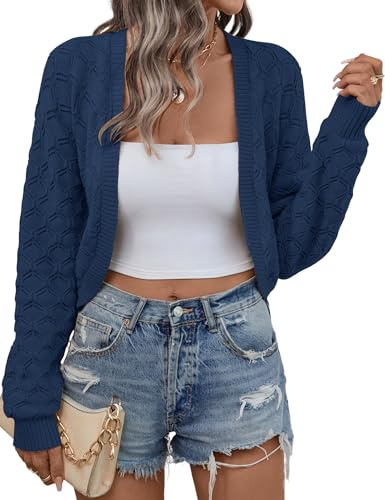 Kistore Womens Cropped Cardigan Lightweight Long Sleeve Shrug for Dresses Casual Loose Knit Open Front Bolero Jacket Navy S