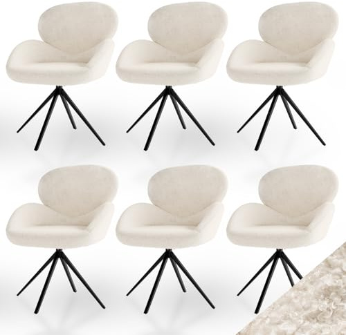 Juskys Drehstuhl Albano - Bouclé - 360° drehbar & gepolstert, pflegeleichter Bezug, verstellbare Metallfüße, modern, für Esszimmer & Küche - Creme 6er Set
