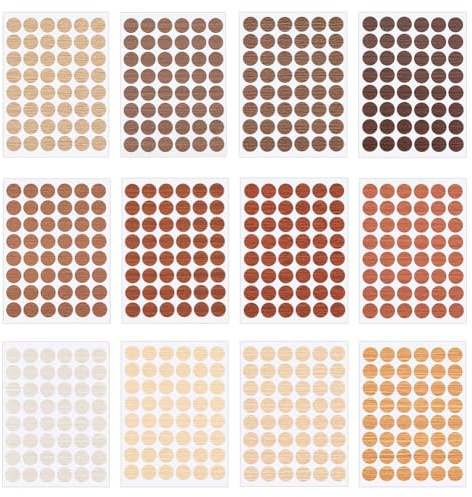 SUPERFINDINGS 24 Blätter 12 Farben Selbstklebende Schraublochabdeckungen Aufkleber 1152 Stück PVC Abdeckkappen Aufkleber 15 mm Runde Holzoptik Schraubkappen Aufkleber für Holztüren 48 Stück/Blatt