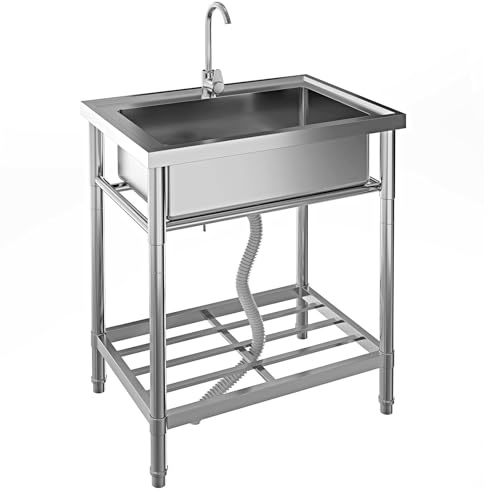 Stainless Steel Utility Sink, 28 x 20 x 34 Free Standing Single Bowl Sink with Faucet, Legs, Cold and Hot Water Pipe for Laundry, Kitchen, Garage, Outdoor, Garden, Heavy-Duty, Easy to Clean