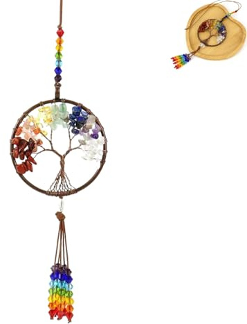 Arbre de Vie Attrape Soleil pour Voiture,avec Pierres Chakra,Pendentif en Cristal de Guérison,Décoration Zen Rétroviseur,Cadeau Éthique Porte-Bonheur pour Stylisme Auto Intérieur