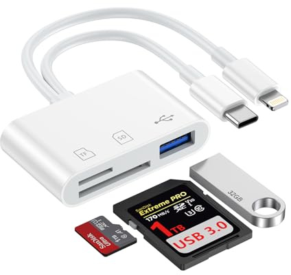SD Card Reader for iPhone i Pad,3 in 2 Lightning & USB C Dual Connectors SD Card Reader Adapter with SD/TF/USB-A 3 Slots,Camera Adapter to iPhone 17/16/15/14,MacBook,Android Phones/Camera,Plug & Play