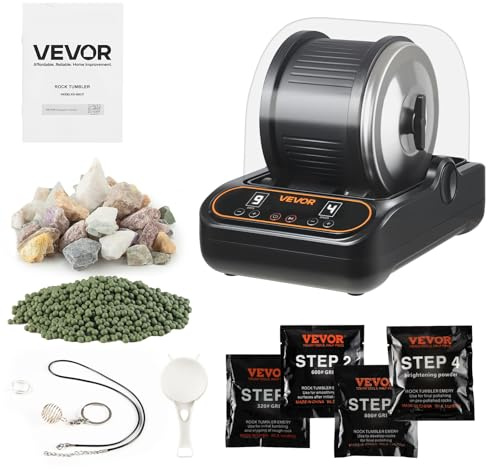 VEVOR Rock Tumbler, 3 lb Rock Polishing Machine, Rocks Tumbling Kit with 4-Speed Adjustment, 1–9 Day Timer, PC Sound Reduction Cover & TPU Drum, Direct Drive Motor Rocks Polishing, Quiet Operation