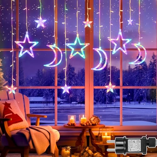PLODAXE Lichtervorhang Sterne Mond, 3.5m 123LED Vorhang Lichterkette Bunt Strom mit Timer, Anschließbar, 8 Modi Speicher IP44 für Weihnachten Fensterbeleuchtung Balkon Hochzeit Party Innen Außen