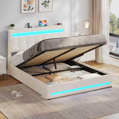AOGLLATI Hydraulisch Stauraumbett 140×190cm, Polsterbett Doppelbett mit LED und USB-Ladefunktion, Funktionsbett Bettgestell mit Stauraum und Lattenrost, Linen,Ohne Matratze, Beige