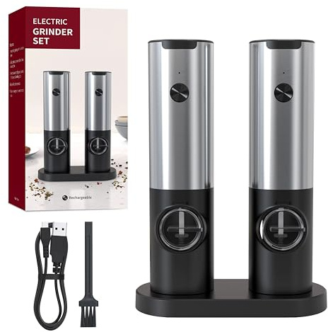 Culinaé - Molinillo de pimienta eléctrico recargable por USB, molinillo automático de sal y pimienta de un solo toque con base de carga, grosor ajustable, luz LED, acero inoxidable y molinillo de