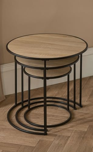 OHS Nest of Tables Set of 3, Manhattan Stacking Side Table Living Room Wooden Stylish Decorative Coffee Table Sturdy Metal Frame Home Interior Easy Assembly Round Nesting Tables, Light Wood