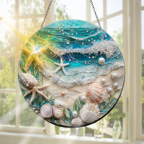 Pavemlo Muschel Buntglas Sonnenfänger Fensterschmuck hängend Strand – Handgefertigter Sonnenfänger als Dekoration für Garten, Fenster, Innen- und Außenbereich, Weihnachten Party, 20 x 20 cm