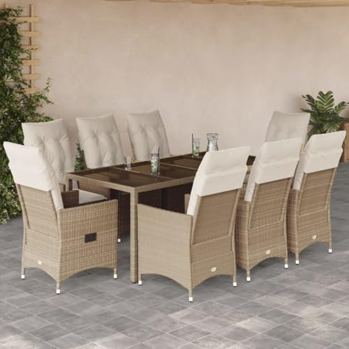 Owoxanthellate Salon de jardin en rotin synthétique - 9 pièces - Beige - 190 x 90 x 75 cm - Résistant aux intempéries - Design moderne - Fauteuils de relaxation réglables avec coussins - Pour balcon