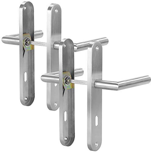 AGT Türklinken innen: 2er-Set Moderne Edelstahl-Türbeschläge, 4 Türklinken & 4 Langschilder (Türgarnitur innen, Türbeschlag, WC)