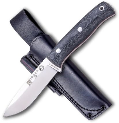Joker Cuchillo Bushcraft Lynx CM111-P, Mango Canvas Micarta Negra, Hoja de 10,5 cm, Funda Piel Negra con rascador y pedernal, Herramienta de Pesca, Caza, Camping y Senderismo