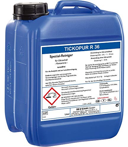 Tickopur R 36 (5 litres), ultrasonic liquid for plastic and glass, cleaning concentrate with dosage of 1-5 percent, ultrasonic cleaning agent for glasses