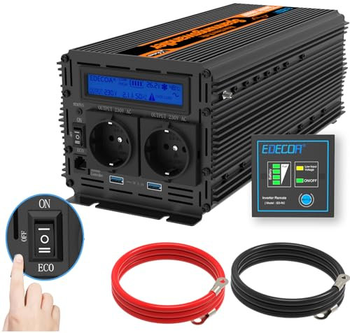 EDECOA Convertisseur 24v 220v Pur Sinus 2000w avec écran LCD 2X USB et télécommande Transformateur de Camion Onduleur 24v 230 Pur Sinus 2000w Convertisseur de Tension (3ème génération)