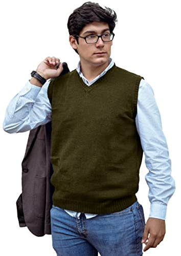 TINKUY Peru Men’s Alpaca Wool Sweater Vest – Soft V-Neck Pullover for Men – Classic Peruvian Knit – Sizes S to 4XL (US, Alpha, XX-Large, Regular, Regular, Olive Green)