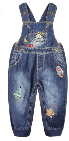KIDSCOOL Salopette Jeans Bambina Ricamata, 9M-5T Denim Lavato | Salopette denim ragazzi piccoli, tuta jeans ricamata neonati, pantaloni righe floreali, outfit 9M-5T