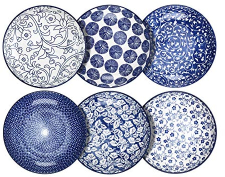 Selamica Porcelain Salad Pasta Bowls, Serving bowls, Microwave & Dishwasher Safe, Sturdy & Stackable - 26 Ounce, Set of 6, Vintage Blue