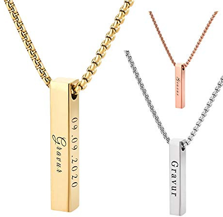 Stabanhänger mit Kette und personalisierter Gravur, Namen und Datum / Namenskette personalisiert mit Wunschgravur in Silber / Gold / Rosegold für Damen Frauen Herren / Halskette als personalisierte Geschenke