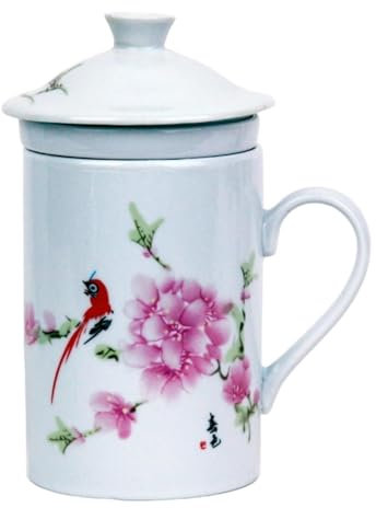 Keramik Teetasse mit Deckel + Sieb für Losen Tee mit Asiatischem Motiv (Papagei, 040) Japanische Chinesische Tasse Für Teeliebhaber, Porzellan Kaffee Geschenk Set Asien Asia Becher Haferl