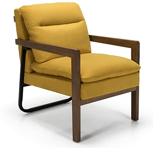 COSTWAY Leathaire/Linen Fabric Accent Chair, Upholstered Single Sofa Lounge Armchair with Detachable Cushions, Rubber Wood Occasional Tub Chairs for Living Room Bedroom Office (Linen Fabric, Yellow)