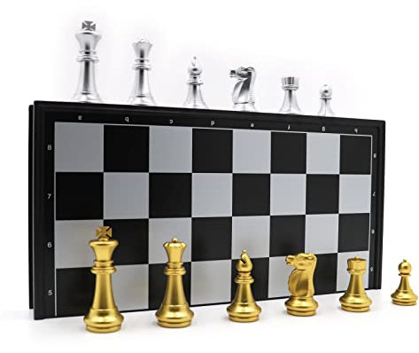 GIBZ Schachbrett Magnetisch Traditionelle Spiele Tragbares Schachspiel aus Holz/Kunststoff für Kinder Erwachsene Schule Outdoor Reisen 36x36cm (Gold Silber Schach)