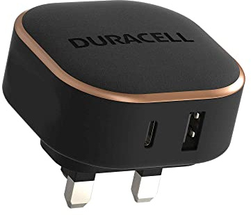 Duracell Black 30W Dual Fast USB-C + USB-A PPS Compact Wall Charger Plug - Compatible With Smartphones, Tablets, Powerbanks & More - Flush To Wall Ergonomic Design & Fit