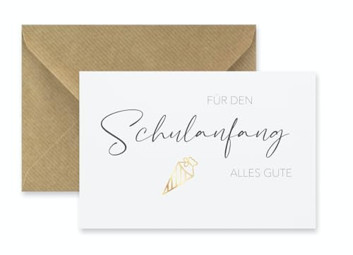 1 Premium Karte Grußkarte für den Schulanfang, Einschulung + 1 Naturumschlag (Klappkarte) - 10,5x14,8cm edles Premiumpapier, Endlich Schulkind Alles Gute wünschen