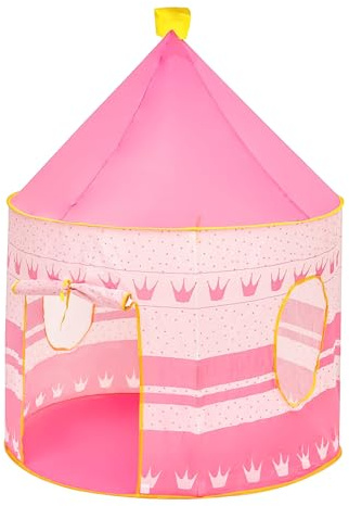 Baroni Toys Tenda da gioco rosa con corone per bambini di 3 4 5 6 7 anni, borsa da trasporto per interni ed esterni, casa di gioco, capanna per ragazze, 105 x 135 cm