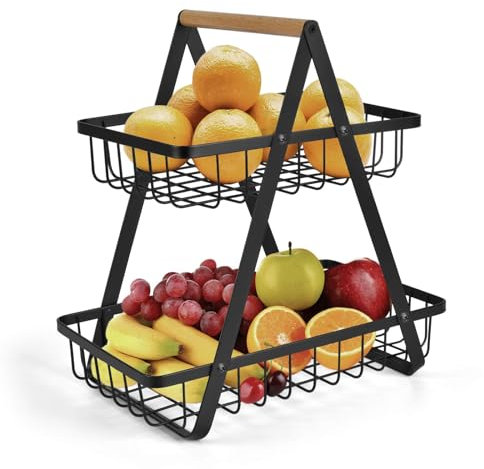 EWEMOSI Présentoir à fruits à 2 étages - Corbeille à fruits moderne - Corbeille à fruits pratique en métal pour pain, légumes, collations, étagère d'angle debout - Rangement de cuisine