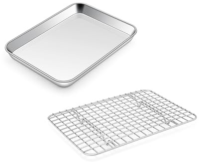 Joyfair Bakplåt med kylgalla, stor ugnsplåt i rostfritt stål och kakgaller, kylgallerset, 23,7 x 17,8 x 2,5 cm, rektangulär kakplåt för bakning och matlagning, diskmaskinssäker