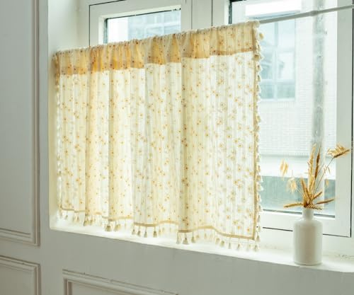 A.Monamour Tenda Corta Traslucido Semi Trasparente Decorativo con Nappine in Cotone Floreale Beige Tessuto Spesso Tende a Pannello Porta Bistrot Finestra per Camera da Letto Soggiorno Cucina, 1 Pezzo
