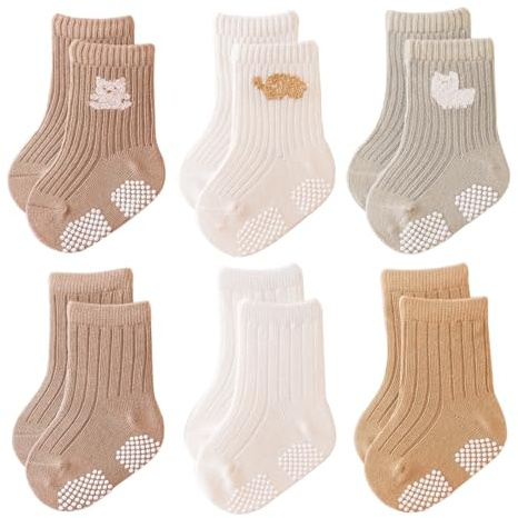 Belsmi Baby Socks Non Slip Grips Ankle Crew Girls Boys Infant Newborn Toddler Kids Casual Anti Skid Socks 6 Pack (US, Age, 0 Months, 12 Months, White Coffee Yellow 6 Pairs)