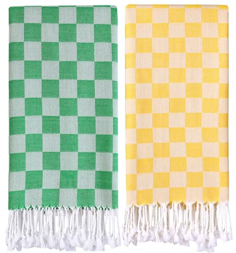 2 Packs Checkered Plaid Turkish Beach Towel Beach Blanket Sandproof Fast Drying Extra Large Match Tote Bag Lounge Chair Umbrella Tent Dress Toy Canopy Outfits Cart Sandal Shoes Games Shirts Pants