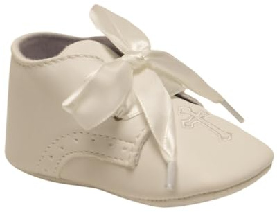 Unisex Baby Christening Ivory Shoes with Cross Embroidery and Ribbon Laces - Ideal for Baptism and Special Occasions Size UK Infant 4