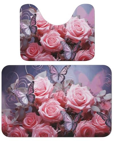 Badezimmerteppich-Set, weich, saugfähig, Mikrofaser, U-förmiger WC-Vorleger, rutschfester Badteppich, rosa Rosen und Schmetterlinge, Badematten für Badezimmer, Badewannenmatte, 2-teilig