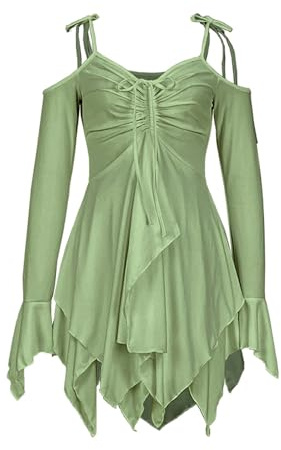 Current Mood Fairies Handkerchief Off-Shoulder Dress for Fairycore Fashion Medieval Solid Patchwork Mesh Y2K Irregular Halter Gothic Clothes Long Sleeve Party Costume