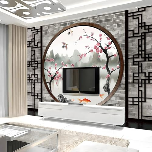 Murale Photo Papier Peint 300 x 210 cm Intissé Tableaux Poster Mural Tapisserie Poisson Rouge Fleur De Prunier En Verre Rond Papier Peint Panoramique Gris Salon Maison Décorative Tenture Appartement
