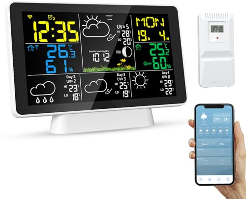 Wlan Wetterstation Funk mit Außensensor 2.4GHz Mobiltelefon APP/Wifi Kontrolle Wetterstationen mit DCF Funkuhr, Digital Farbdisplay, Innen und Außentemperatur, Batteriebetrieb und Netzbetrieb