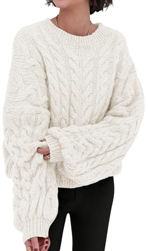 PRETTYGARDEN Womens Sweaters Fall 2026 Cable Knit Long Sleeve Crewneck Oversized Sweater Chunky Pullover Loose Outfits (Beige White, Medium)