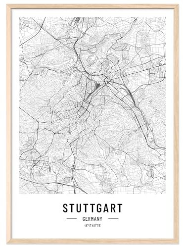JUNOMI® Stuttgart affisch DIN A3 med naturlig ram, DIN A3 vardagsrumsdekoration, modern väggbild, Stuttgart bild, väggmålning med ram, stadskarta affisch Stuttgart, perfekt presentidé för Stuttgarter
