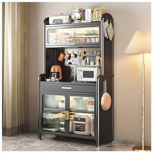 Estante de cocina negro con estante ajustable y cajón, organizador de almacenamiento de 5 niveles para microondas, bufé, cafetería, despensa, armario alto (70 x 27.5 pulgadas)