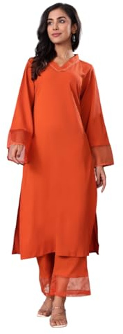 Jaanvi fashion Kurta en crêpe de soie pour femme avec palazzos – Vêtement ethnique élégant pour les occasions décontractées et festives, Orange, XXL