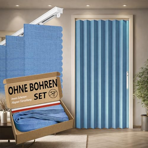 Jilron 100% Blickdichter Türvorhang – Faltbarer Akordion-Stil mit Magnetverschluss, Klebemontage ohne Bohren, inkl. Klebeschiene, Verdunkelung & Windschutz,Blau, H201 x B106 cm