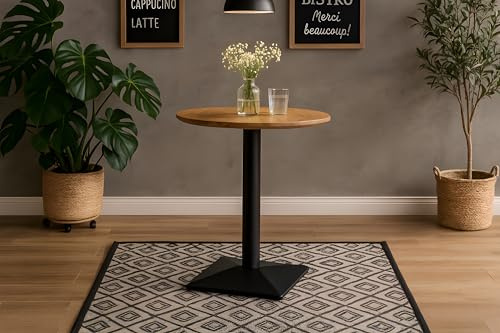 SAM Bistrotisch Brasilia | 60 x 60 cm rund | Akazienholz massiv | Farbe: Natur | Schweizer Kante | Säulenfuß Metall Schwarz | pflegeleichter Küchentisch/Kleiner Esstisch/runder Säulentisch