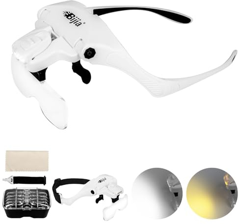 BIJIA Lupenbrille mit Licht- Kaltes Warme Lichter,4 LED Vergrößerungsbrille,Brillenlupe Kopflupe 5 Linsen für Handwerkskunst,Modell hergestellt,Hobbys,Lesen,Reparatur,Elektronische Arbeit,Zeichnung