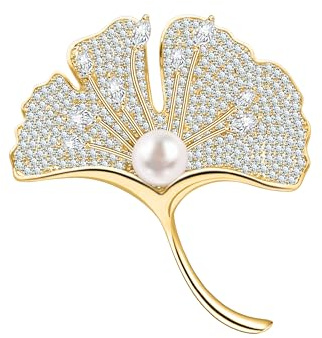 Unimooie Ginkgoblatt Brosche Damen Vergoldete 3D Zirkonia Brosche mit Perle Elegante Ginkgo Blatt Anstecknadel für Blazer Schal Geschenk für Frauen