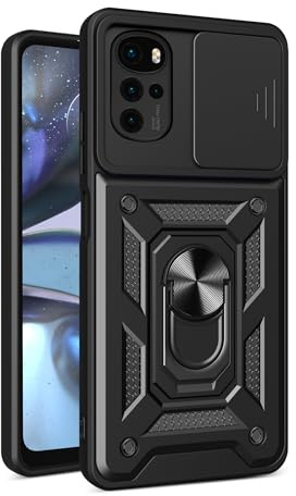 JayModCase Funda para Motorola Moto E32 / E32s / G22 Carcasa con Protección Militar Antigolpes, Cubierta de Cámara Deslizante y Soporte de Anillo Giratorio 360° Case for Moto G22 - Negro