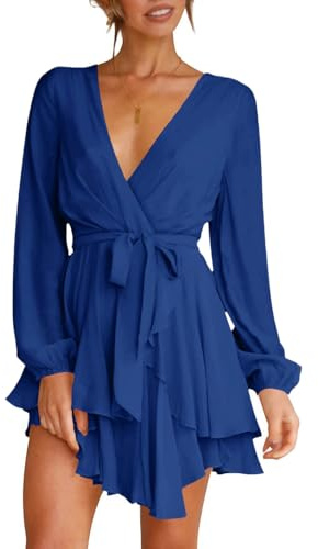 Wenrine Robe de Femme Sexy avec Col en V Profond Robe de Loisirs en Ligne A avec Volants Mini Robe à Manches Longues Robe Ceinturée avec Ceinture, bleu marine, L