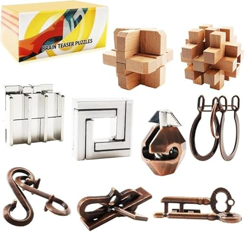 9 Stück knobelspiele für Kinder, Jugendliche und Erwachsene – Retro-Puzzles aus Holz und Metall zum Zusammenstecken