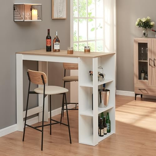 [en.casa] Mesa Alta Cocina Danderyd Mesa de Bar Moderna con 3 Estantes Laterales para Comedor Oficina en Casa Aglomerado 120 x 60 x 106 cm - Blanco/Efecto Roble