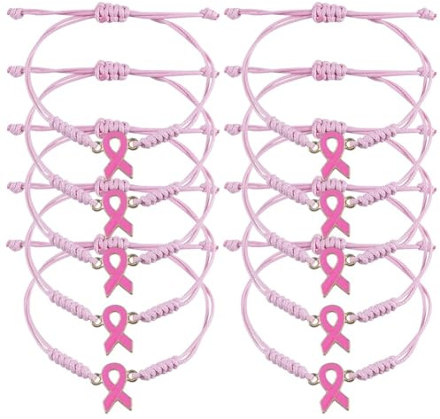 Abbdbd 10 stycken/set, handgjorda flätade bröstcancer medvetenhetsarmband, justerbara rosa rosetter, uppmuntrande armband för kvinnor och flickor